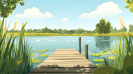 Obraz premium A peaceful cartoon meadow near a lake with a wooden pier extending into the water surrounded by cattails and lily pads.
