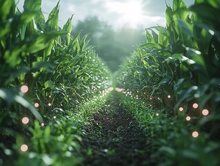 Field of corn with AIguided robotic planters seeding rows at perfect intervals ensuring efficient use of space and resources while the sun shines overhead
