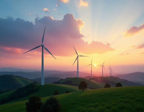 Wind generators of electricity, energy, sunrise