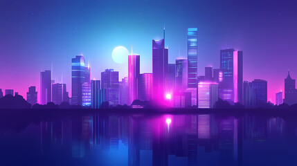 Futuristic neon cityscape depicting a cyberpunk world with glowing architecture. Rivermist. Illustration