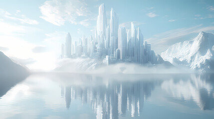 Futuristic utopian city floating on a crystal-clear lake. Rivermist. Illustration