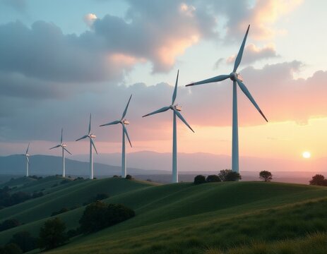 Wind generators of electricity, energy, sunrise