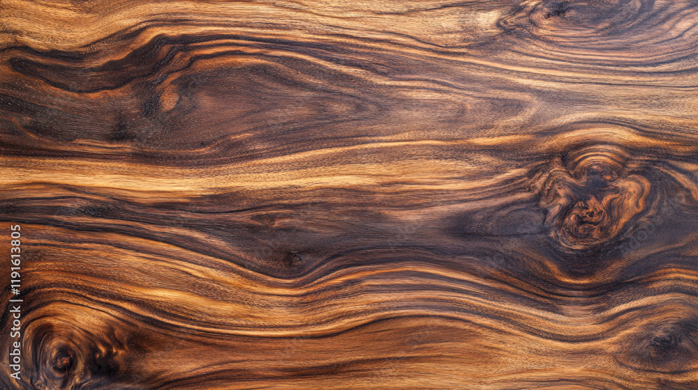 Poster a high-resolution close-up of a deep brown wood grain texture with organic swirling patterns and nat