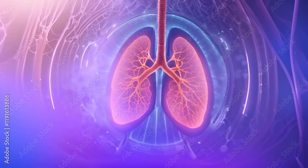 Poster futuristic glowing lungs featuring intricate vascular patterns and set against an ethereal backgroun