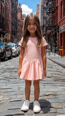 Chic Kids’ Fashion Comes Alive — Young Girl in White Sneakers, Pink Skirt & Trendy Tee Posing Confidently on a High-End Street