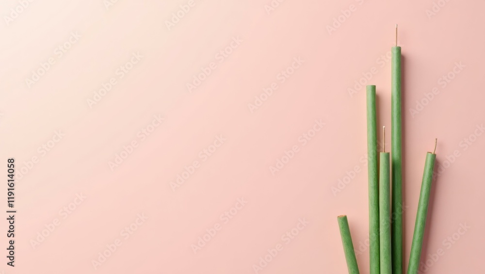 Poster sage green incense stick on left. soft black background. copy space for text, 3d render ai generated