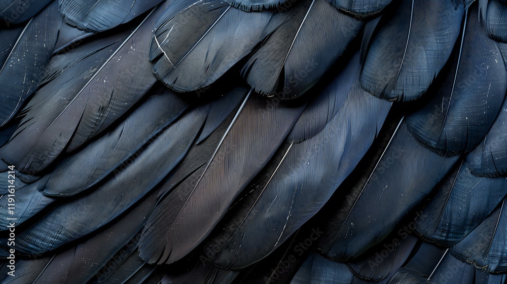 Aufkleber dark textured background of overlapping black and navy blue feathers creating natural pattern, perfe