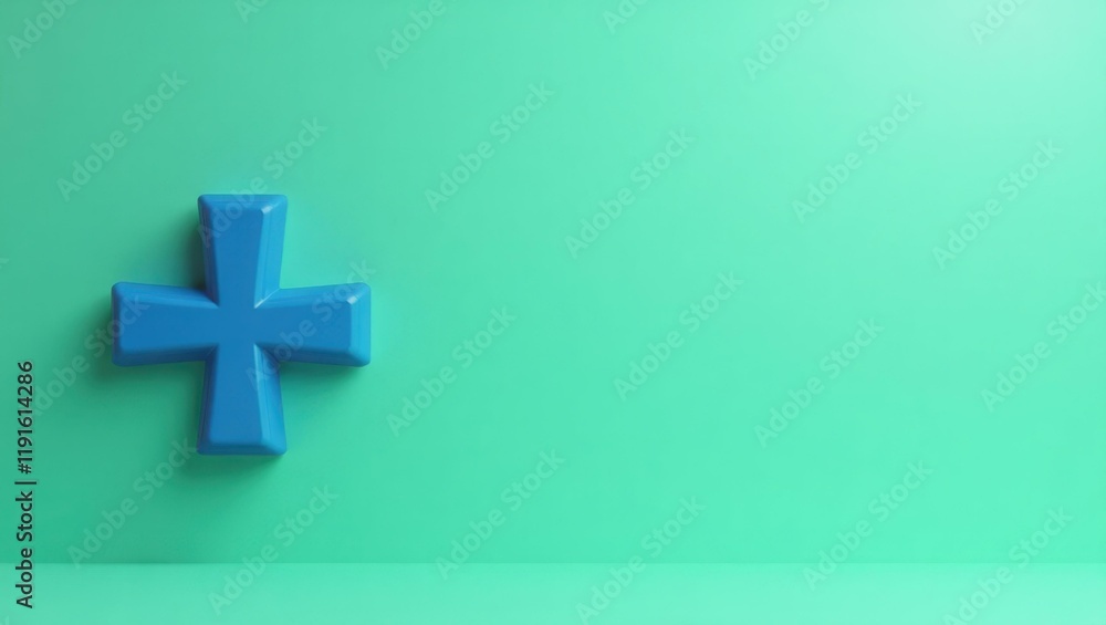 Poster azure blue cross icon on left. soft purple background. copy space for text, 3d render ai generated d