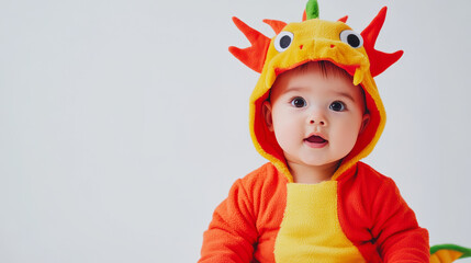 Baby dressed as a dragon smiles brightly against a simple background