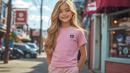 Chic Kids’ Fashion Comes Alive — Young Girl in White Sneakers, Pink Skirt & Trendy Tee Posing Confidently on a High-End Street