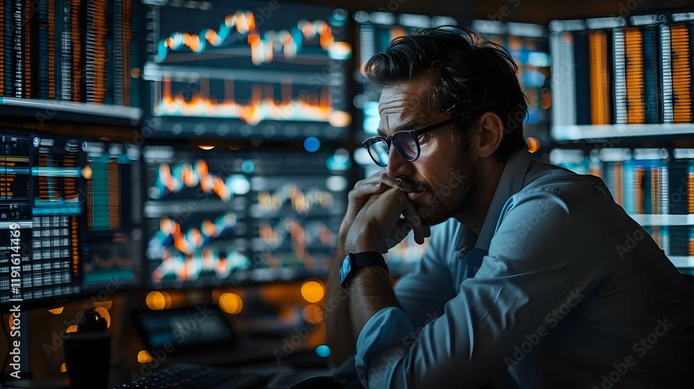 Poster thoughtful caucasian male trader in glasses analyzing stock market data on multiple screens, dramati