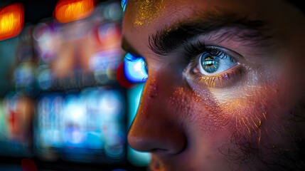 Close-up of an intense blue eye with dramatic neon lighting and bokeh effects, perfect for themes...