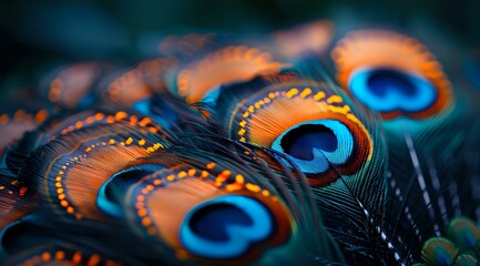 Fototapeta premium Vibrant peacock feathers in orange and blue tones create mesmerizing natural pattern, perfect for luxury design backgrounds and exotic decorative artworks.