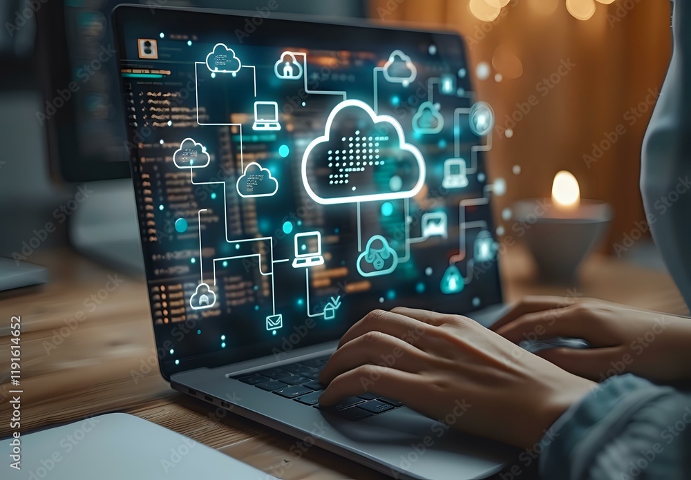 Poster cloud computing technology concept with glowing network diagram on laptop screen, perfect for digita