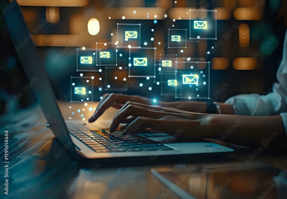 Aufkleber email marketing concept with glowing message icons floating above laptop keyboard while person types