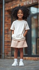 Chic Kids’ Fashion Comes Alive — Young Girl in White Sneakers, Pink Skirt & Trendy Tee Posing Confidently on a High-End Street