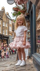 Chic Kids’ Fashion Comes Alive — Young Girl in White Sneakers, Pink Skirt & Trendy Tee Posing Confidently on a High-End Street