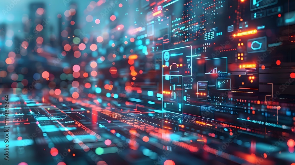 Poster abstract digital technology background with glowing data streams and network connections in blue and