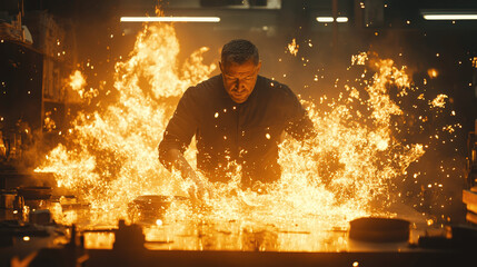 Intense kitchen scene with chef battling flames while preparing a dish at night