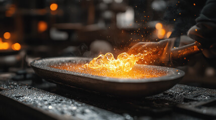 Crafting molten metal in a traditional forge with glowing orange hues and sparks flying during the evening