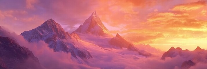 Sunrise over majestic mountain peaks with dramatic colors and wispy clouds in the early morning light. Generative AI