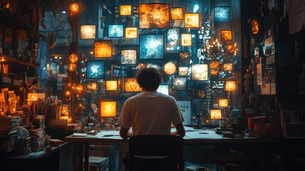Obraz premium Artist working in a dimly lit studio surrounded by glowing artwork and creative tools