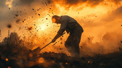 Man digging in the ground with a shovel during a dramatic sunset in a rural landscape