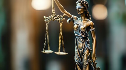 Bronze Lady Justice statue with scales symbolizing law and justice, perfect for legal firms, courthouses, and attorney websites. Dramatic lighting highlights the metallic details.