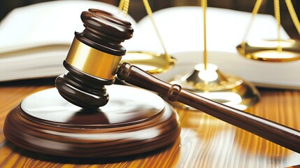 Wooden judge gavel and golden scales of justice on wooden table, legal law concept background for attorney, court trial or justice system.