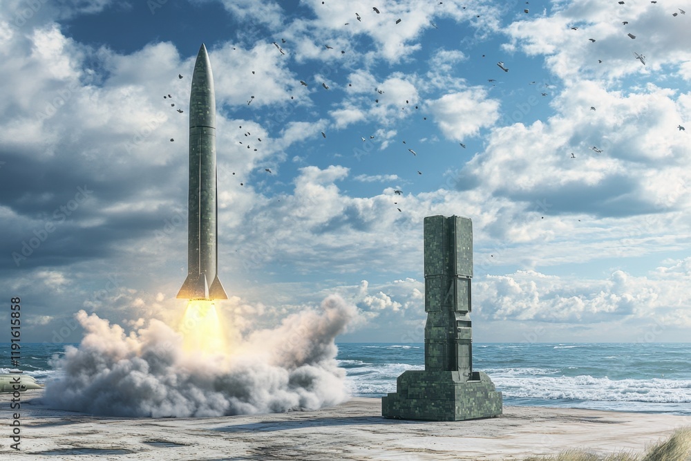 Aufkleber rocket launch at shoreline with dynamic clouds and ancient structure in view