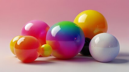 Cluster of abstract spheres and solids, gold, white and black, 3d render