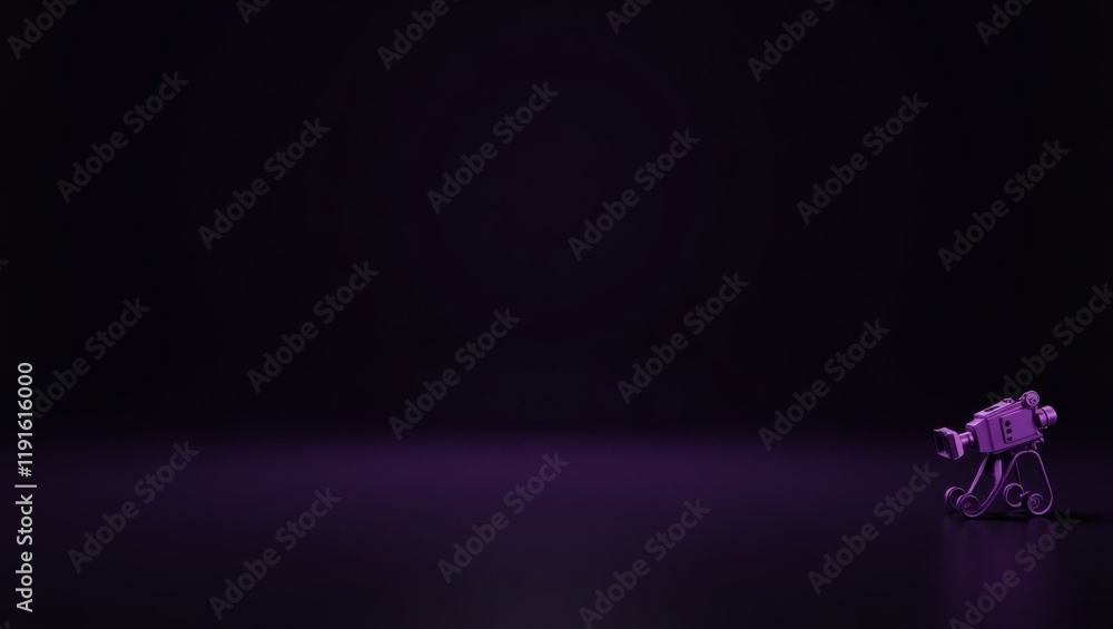 Poster violet cinema camera on right. soft yellow background. copy space for text, 3d render ai generated d
