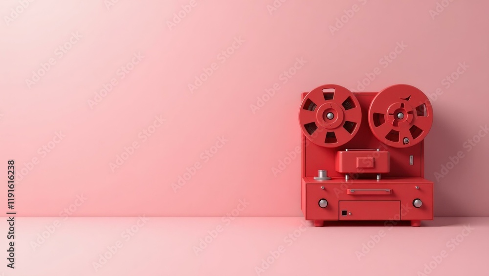 Poster ruby red ufo on right. soft pink background. copy space for text, 3d render ai generated designer el