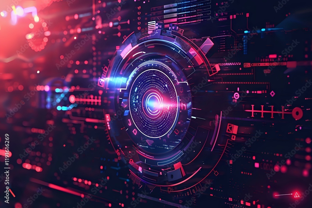 Poster futuristic cyber security concept with glowing neon circles and digital interface elements in pink a
