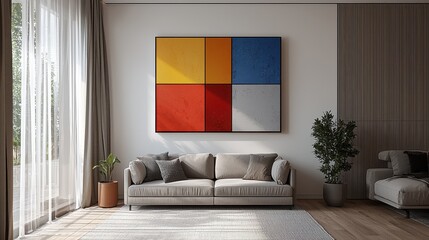 Minimalist living room with abstract art and natural light