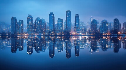 Fototapeta premium Breathtaking panoramic view of a modern city skyline with towering glass and steel skyscrapers reflected in the still waters of a river or lake at night
