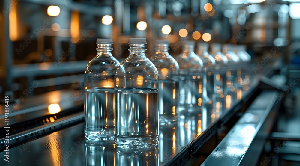 Poster water bottles on automated production line with bokeh lights in background, industrial bottling faci