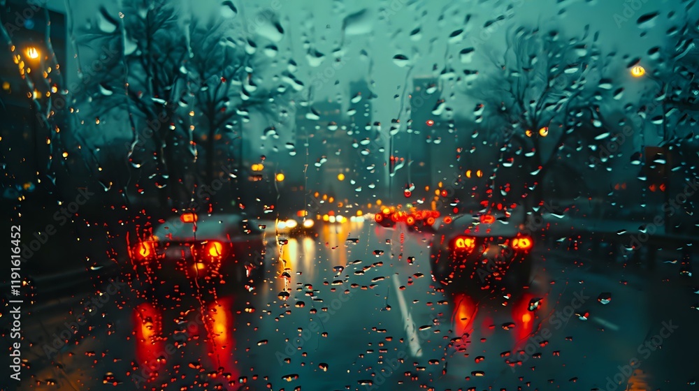 Poster rainy evening traffic view through wet windshield with bokeh lights and water drops, creating atmosp