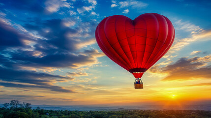 Obraz premium Heart-Shaped Hot Air Balloon Soaring at Sunrise over Scenic Landscape