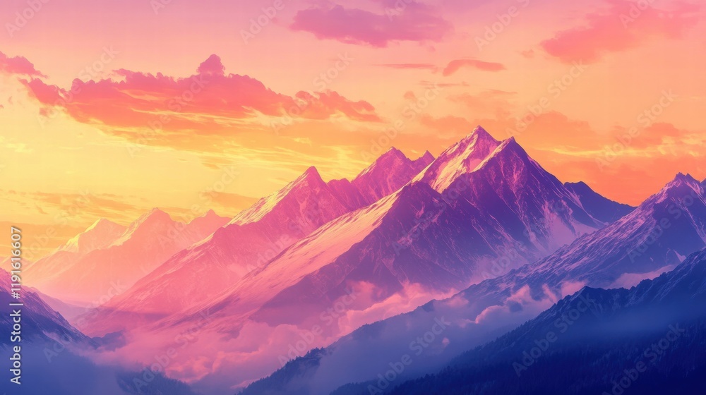 Poster majestic mountain peaks illuminated by the soft glow of sunrise creating a breathtaking landscape. g