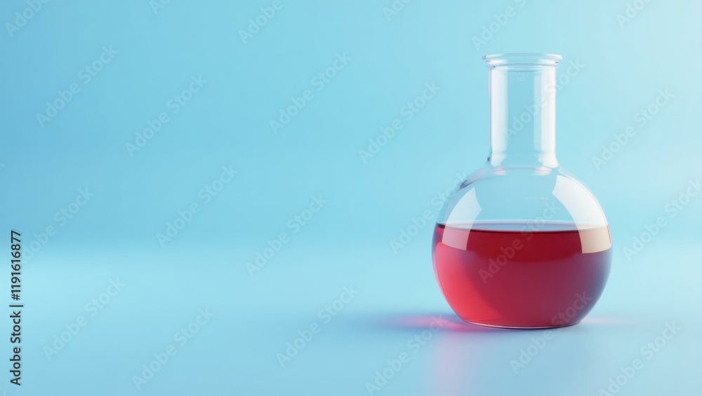 Poster rich scarlet red laboratory beaker on right. soft purple background. copy space for text, 3d render 