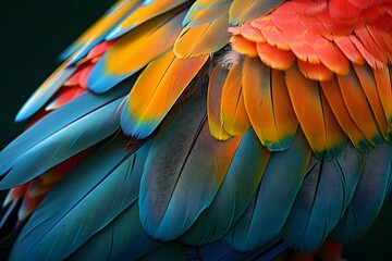 Fototapeta premium Vibrant scarlet macaw feathers in extreme close-up showing detailed texture and natural gradient from turquoise blue to fiery orange and red, perfect for nature and exotic bird photography.