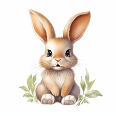 Obraz premium Cute Rabbit Illustration with Green Leaves for Children's Books and Spring Designs