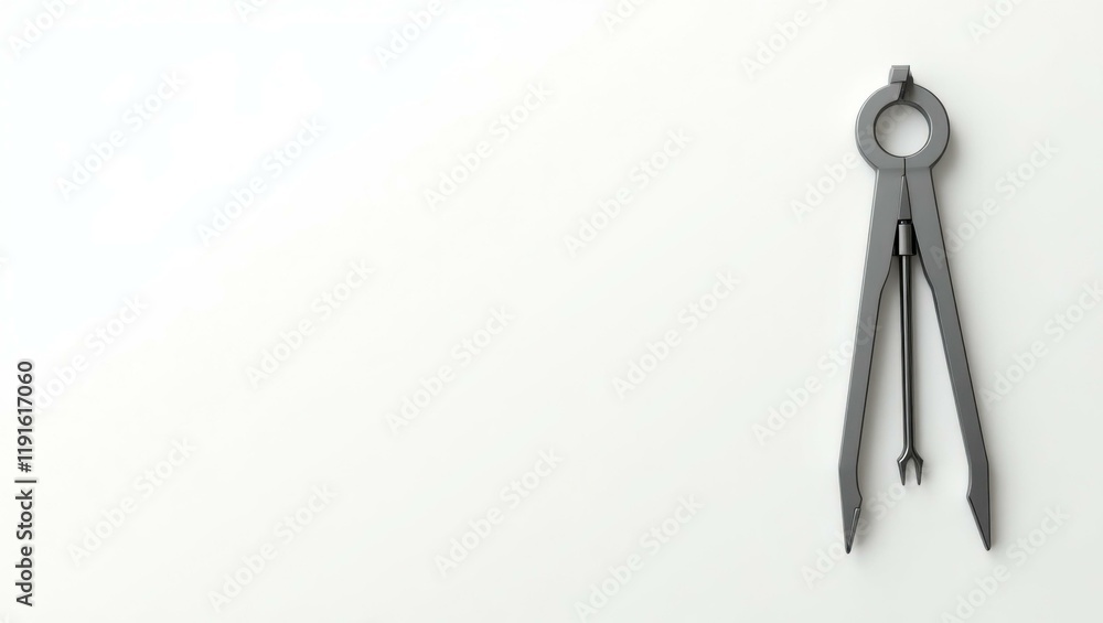 Poster iron gray drafting compass on right. soft blue background. copy space for text, 3d render ai generat