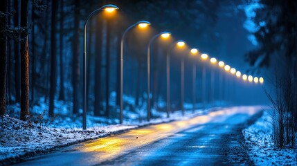 Snowy road at night illuminated by streetlights in a forest