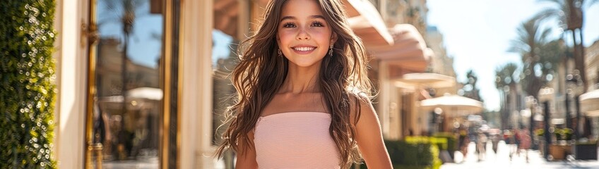Chic Kids’ Fashion Comes Alive — Young Girl in White Sneakers, Pink Skirt & Trendy Tee Posing Confidently on a High-End Street