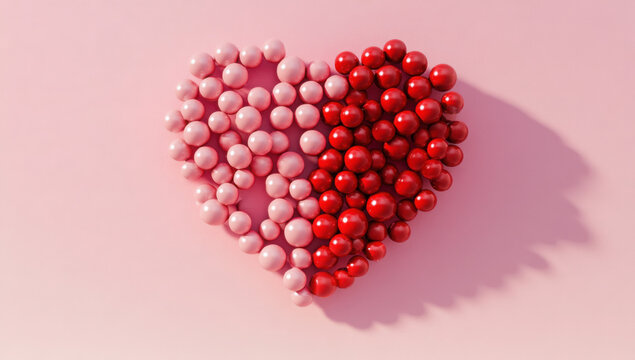 Multicolored Sphere Love Heart. Pink, Red Glass and Red Metallic Spheres arranged in a heart shape. 3D Render