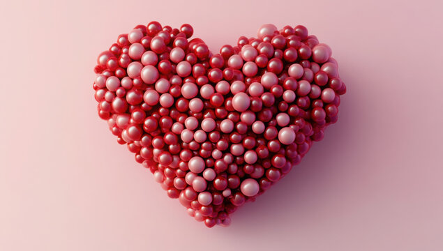 Multicolored Sphere Love Heart. Pink, Red Glass and Red Metallic Spheres arranged in a heart shape. 3D Render