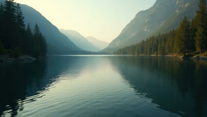 Sunrise Reflection. Mountain lake calm water pine trees early morning