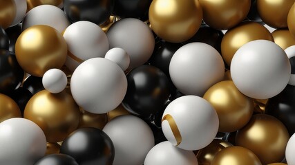 Cluster of abstract spheres and solids, gold, white and black, 3d render